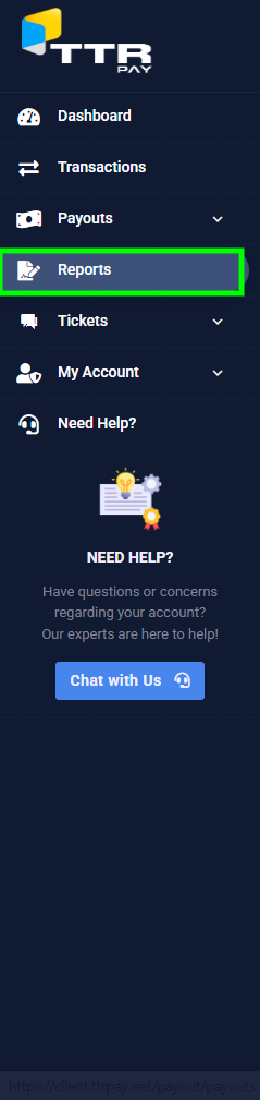 Click on Reports (highlighted in green in the menu) to open the Reports page. The Reports icon looks like a small chart symbol.