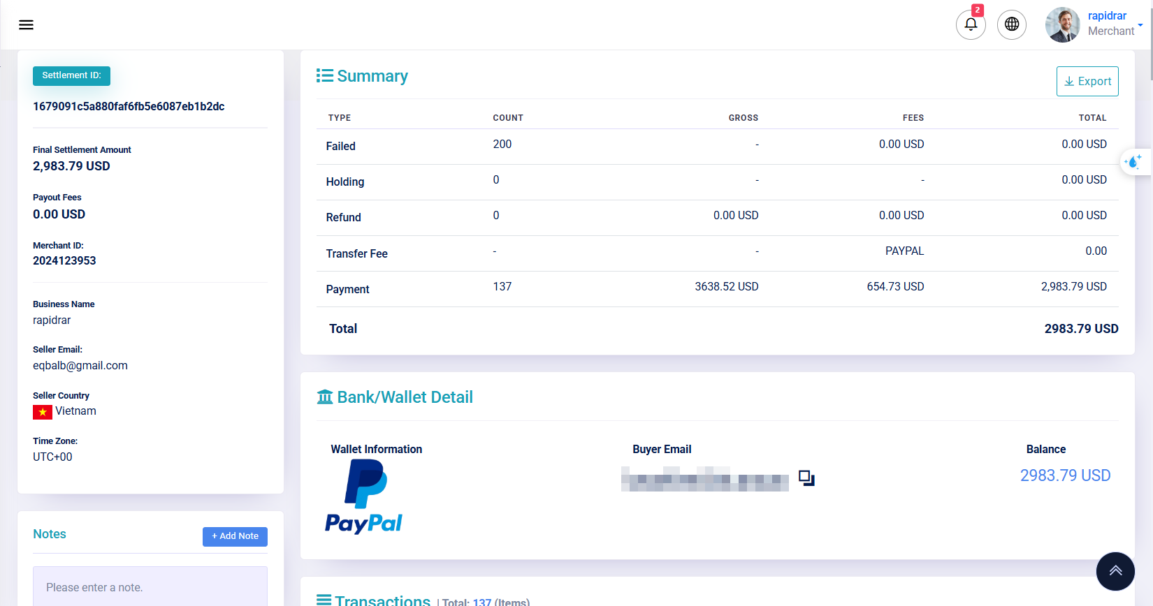 Payout Details of the selected payout.