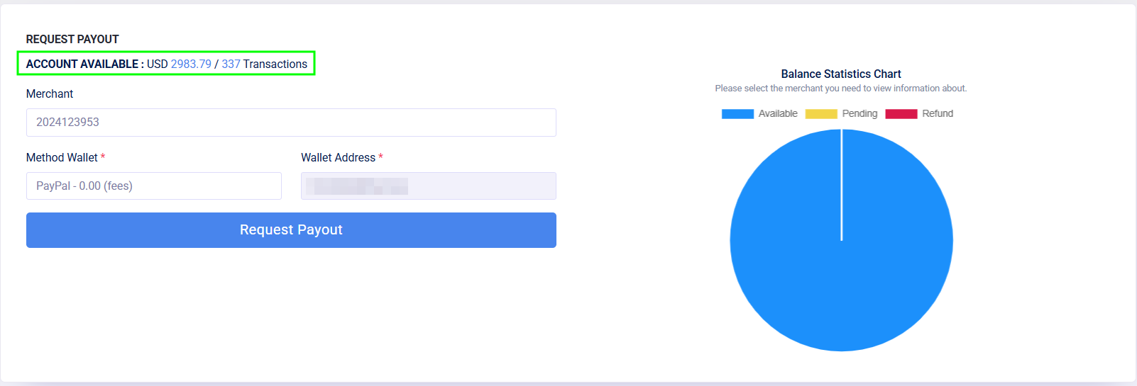 This is the Request Payout page, please note that the amount highlighted in green must be more than $500 for you to be able to request a payout.