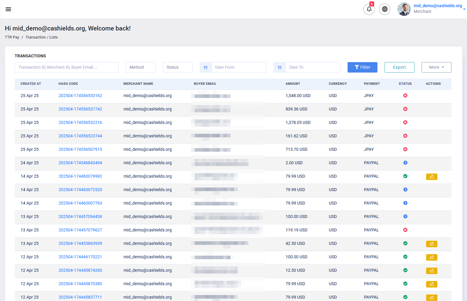 Your account's transaction history list can be found here.