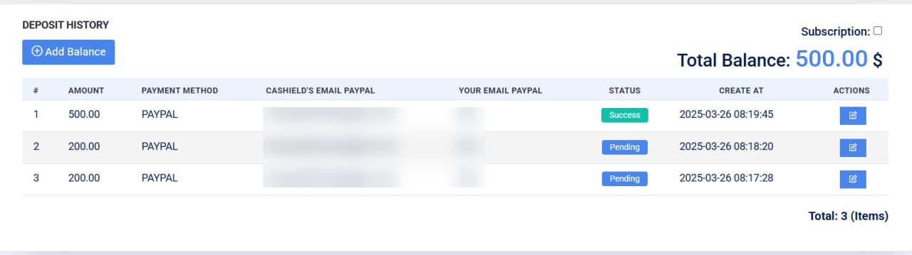 List Deposit Interface.