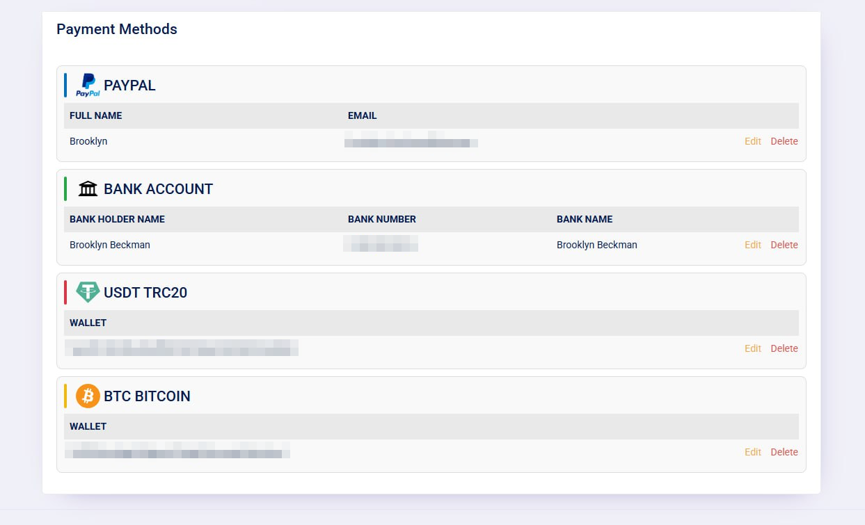 You can see your various added payment methods below.