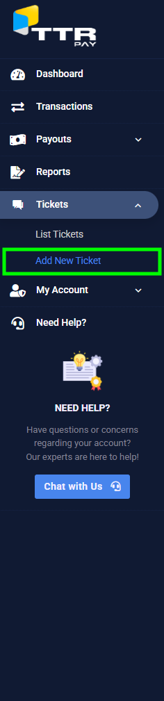 Click on Tickets to expand it – you will see two options: List Tickets and Add New Ticket. The Add New Ticket highlighted in green is where you can submit new support tickets to us.