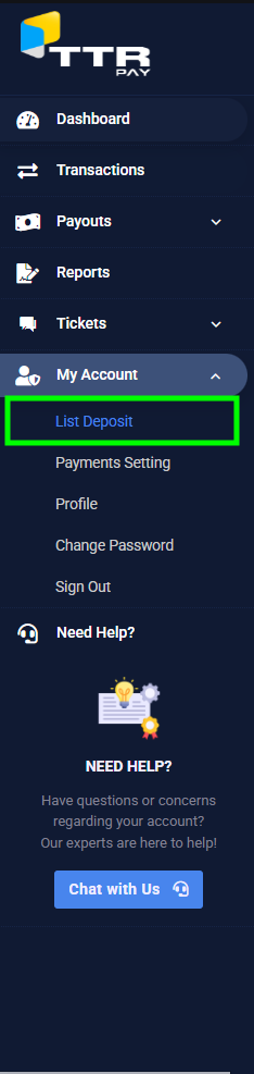 List Deposit Section of My Account