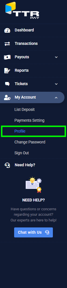 The “Profile” tab is located under the “My Account” section in the TTR Pay dashboard menu.
