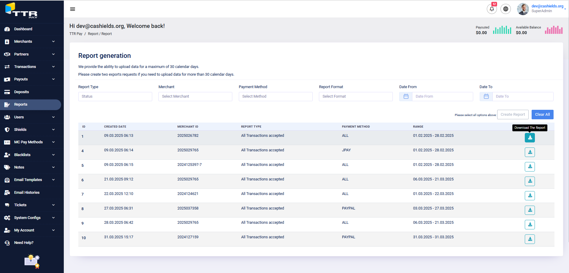 TTR Pay merchant reports section UI.