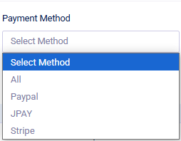 TTR Pay reports payment methods filter.