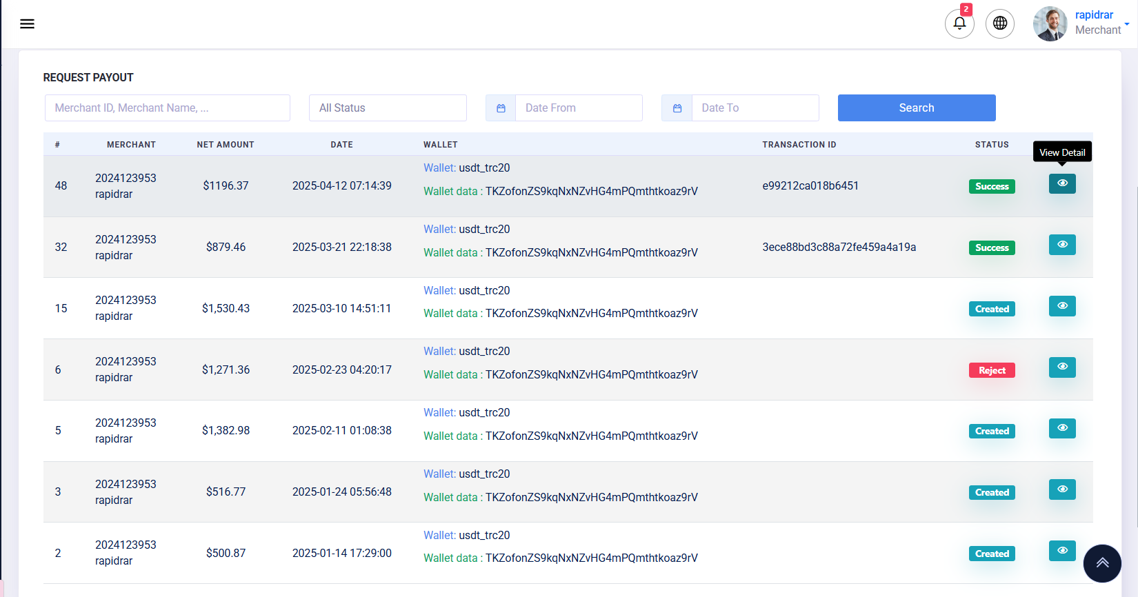 Request Payout history.