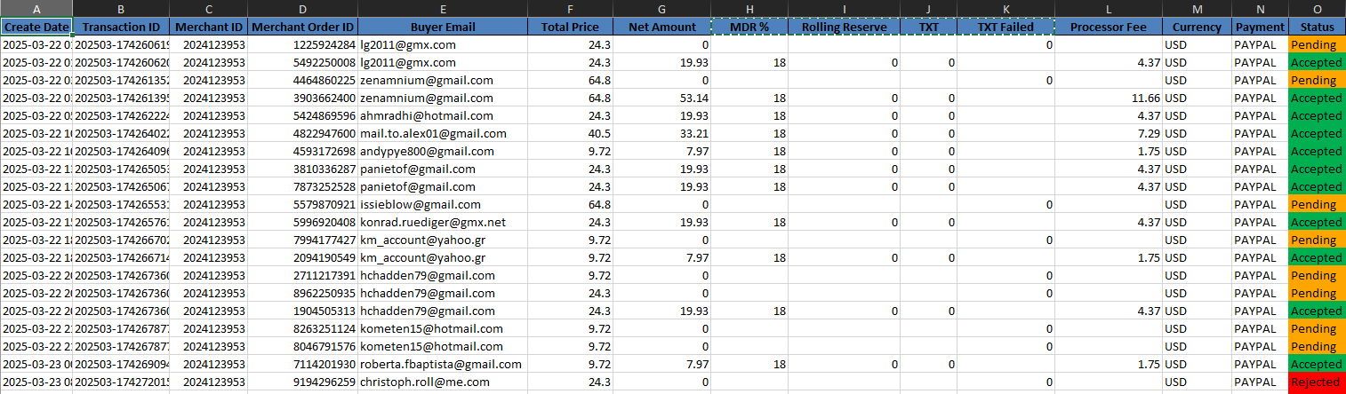 Request payout exported excel file shows your transactions in more details.